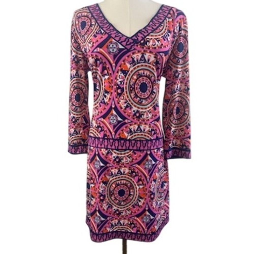 Macbeth Collection Pink Purple‎ Geometric Print Long Sleeve Dress Size Large
